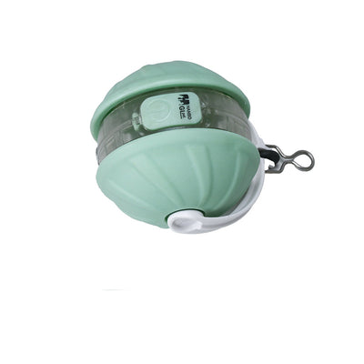 Light blue and white automatic rolling cat toy ball with a purple faux tail, featuring a power button. - Image 15