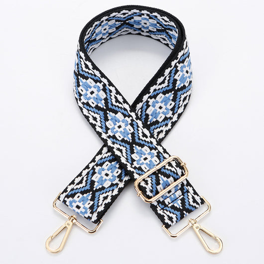 Yellow and white ethnic style patterned canvas bag strap with gold-toned adjustable buckle and swivel snap hooks. - Image 10