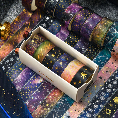 Set of six 1.5cm wide decorative tapes featuring starry sky, zodiac signs, moon phases, constellations, and planets. - Image 3