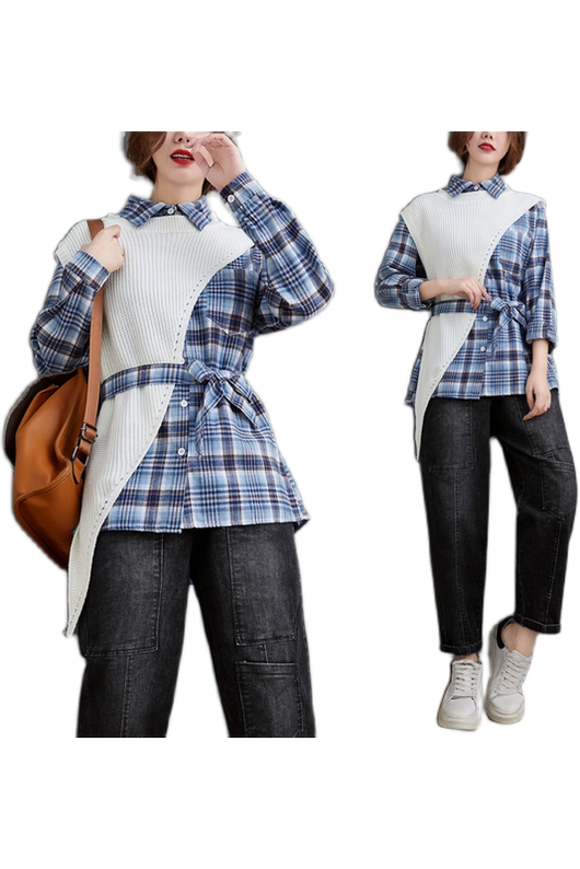 Conjunto de Dos Piezas: Camisa a Cuadros con Suéter Irregular - Image 11