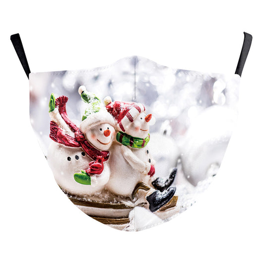 Black dustproof face mask with a digital print of Santa Claus and two reindeer in a snowy forest scene. - Image 3
