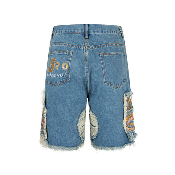 Shorts de Mezclilla Rotos con Bordado para Hombre