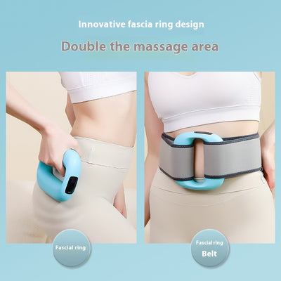 Pink mini fitness massage gun with an LED screen, shown with a power cable and a gray waist belt. - Image 3