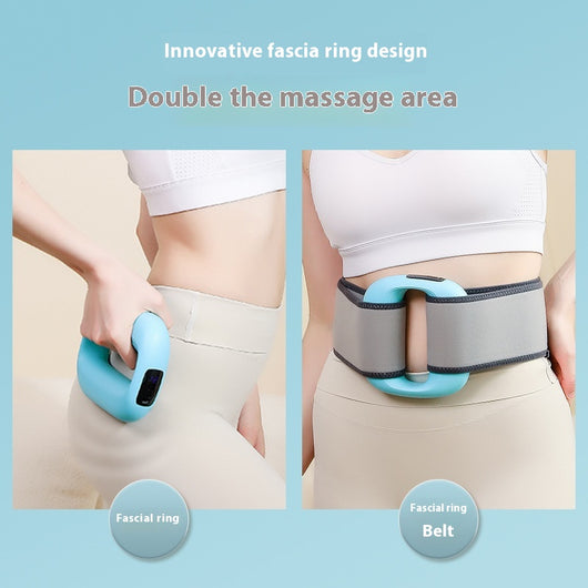Pink mini fitness massage gun with an LED screen, shown with a power cable and a gray waist belt. - Image 3