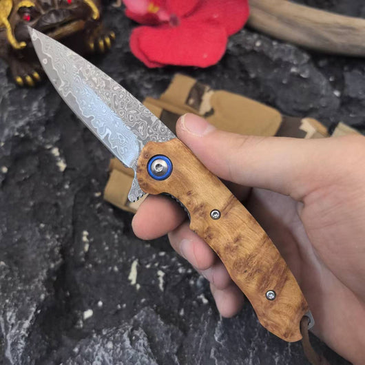 Cuchillo Portátil Plegable de Acero Damasco con Mango de Madera Yaebai - Image 10