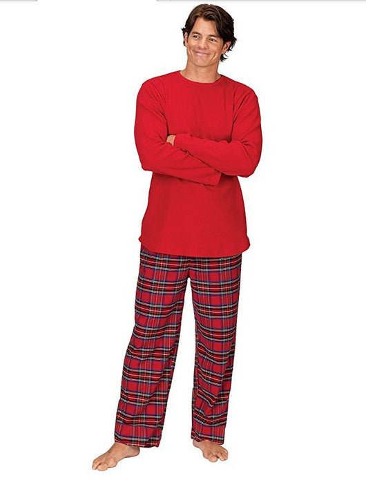 Man wearing a red long-sleeve pajama top and red plaid pajama pants, suitable for Christmas or holiday loungewear. - Image 7