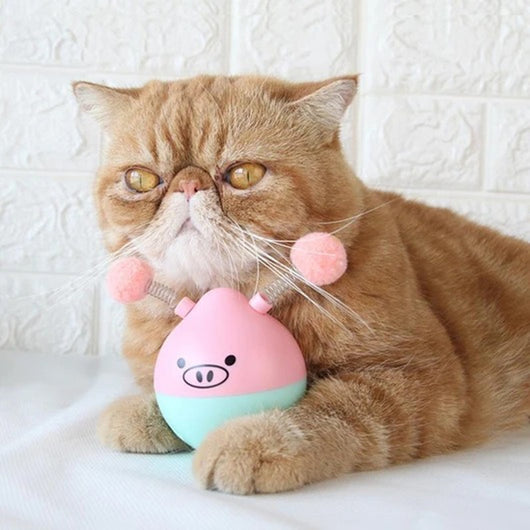 Pink and mint green pig-shaped tumbler pet toy with a colorful yarn tassel and spring, shown with its box. - Image 8