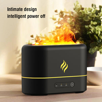 White simulated flame humidifier with blue light effect and yellow flame icon, sitting on a white table. - Image 8