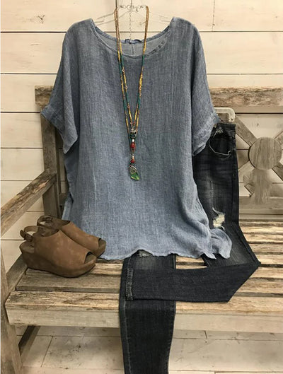 Blusa Suelta de Algodón y Lino para Mujer - Manga Corta - Image 2