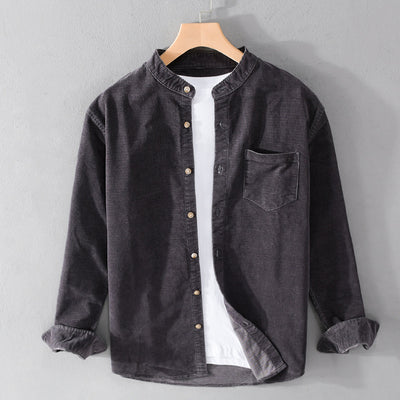 Camisa Retro de Pana para Hombre con Cuello Mao de Manga Larga - Image 7