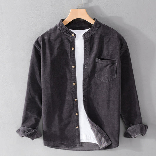Camisa Retro de Pana para Hombre con Cuello Mao de Manga Larga - Image 7