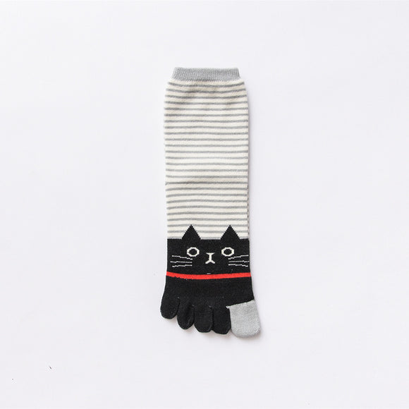 Calcetines de Algodón para Mujer con Diseño de Rayas y Gato - Otoño Invierno