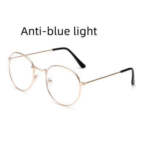 Retro oval anti-blue light glasses with a dark metal frame and clear lenses on a white background. - Image 8