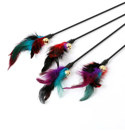 Three cat teaser wands with black sticks, colorful feathers in purple, red, and teal, and small gold bells. - Image 11