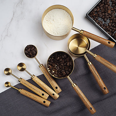 Set de 8 Cucharas y Tazas Medidoras de Acero Inoxidable con Mango de Madera
