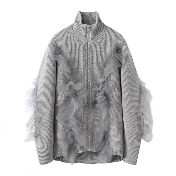 Cardigan Tejido con Cuello Alto y Detalles en Malla para Otoño e Invierno