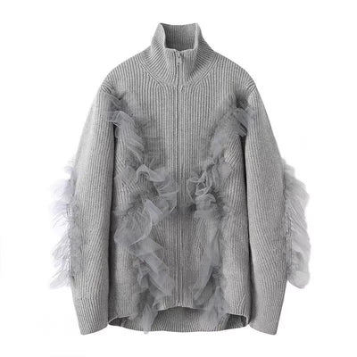 Cardigan Tejido con Cuello Alto y Detalles en Malla para Otoño e Invierno - Image 2