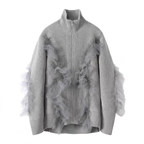 Cardigan Tejido con Cuello Alto y Detalles en Malla para Otoño e Invierno