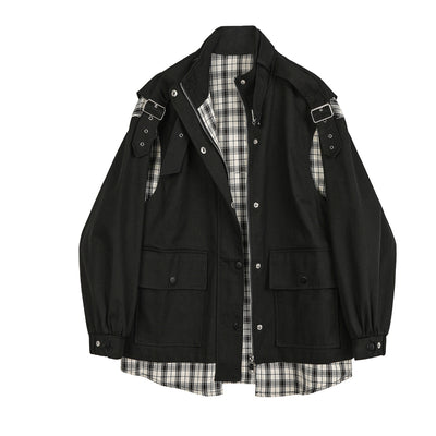 Chaqueta Denim Cuadriculada con Costuras de Contraste y Efecto Dos Piezas para Mujer - Image 5