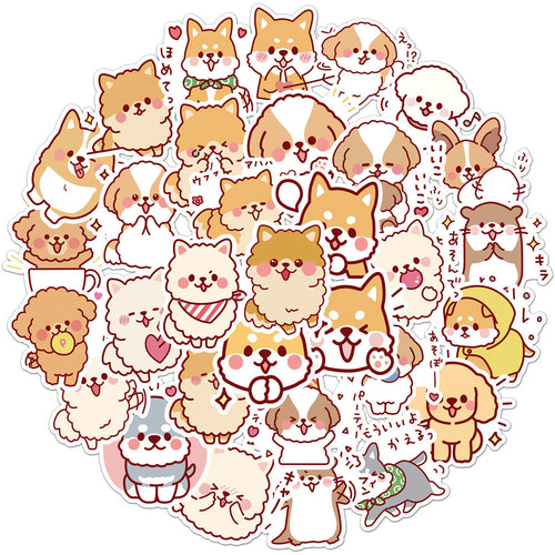 50 cute dog graffiti stickers featuring various cartoon dog breeds like Shiba Inu, Pomeranian, and Corgi.