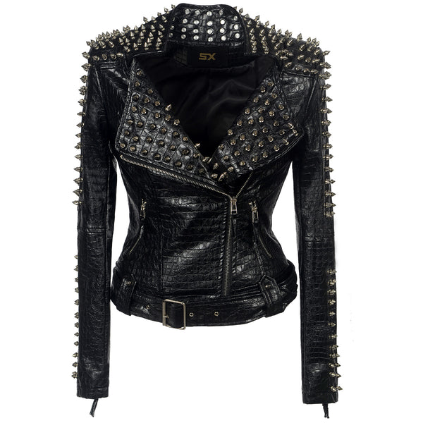 Chaqueta de Cuero Motociclista Tallas Grandes con Remaches y Costuras Combinadas