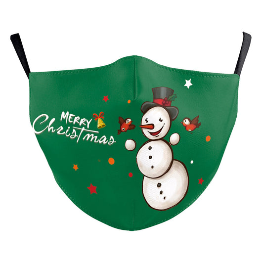 Black dustproof face mask with a digital print of Santa Claus and two reindeer in a snowy forest scene. - Image 16