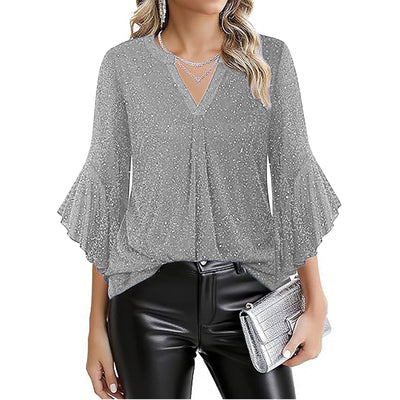 Blusa Suelta de Malla Plateada con Cuello V y Mangas 3/4 Pétalos - Image 4
