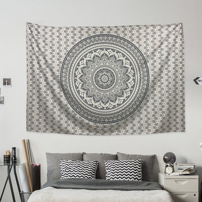 Black and white mandala tapestry with intricate floral and geometric patterns hanging on a bedroom wall. - Image 8