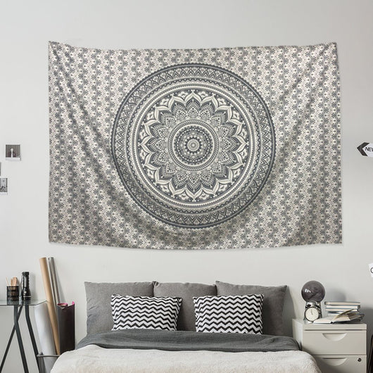 Black and white mandala tapestry with intricate floral and geometric patterns hanging on a bedroom wall. - Image 8