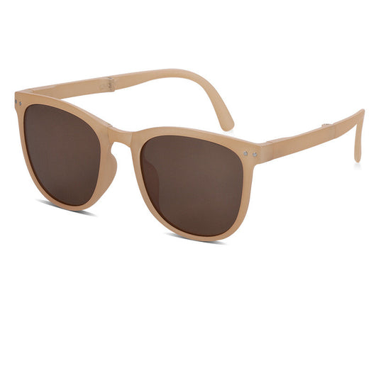 Beige oval-frame sunglasses with brown polarized lenses and foldable temples on a white background. - Image 5