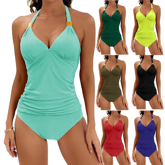 Olive green halter neck tankini swimsuit with a V-neck top and high-waisted bottoms on a model.