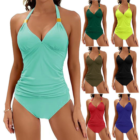 Olive green halter neck tankini swimsuit with a V-neck top and high-waisted bottoms on a model.