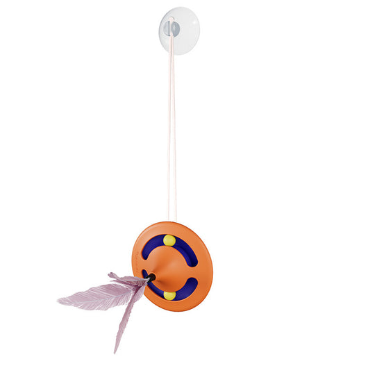 Orange and blue cat turntable toy with purple feathers, hanging from a clear suction cup on a white background. - Image 6
