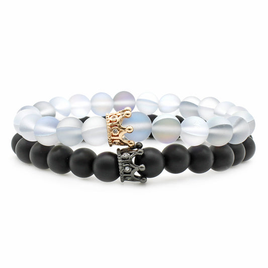 Pulsera de Piedra Volcánica Blanca 8MM con Circones Incrustados y Corona - Image 2