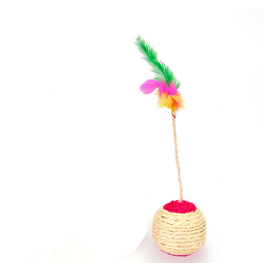 Two sisal shuttlecock cat toys with colorful feathers, one with a red base and the other with a blue base. - Image 2