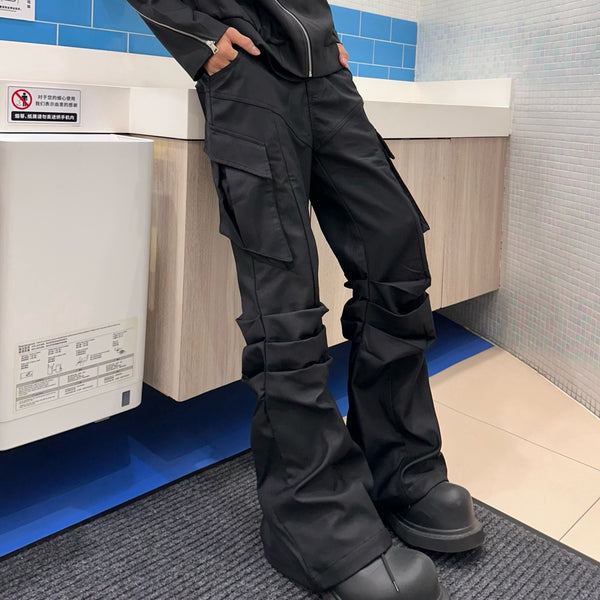 Pantalones Cargo Negros con Bolsillos Plisados para Hombre