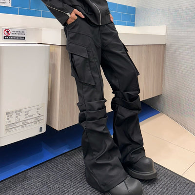 Pantalones Cargo Negros con Bolsillos Plisados para Hombre