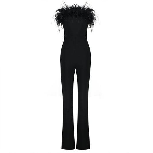 Jumpsuit Elegante con Tubo y Detalles de Plumas - Diseño Bandage Ajustado - Image 2