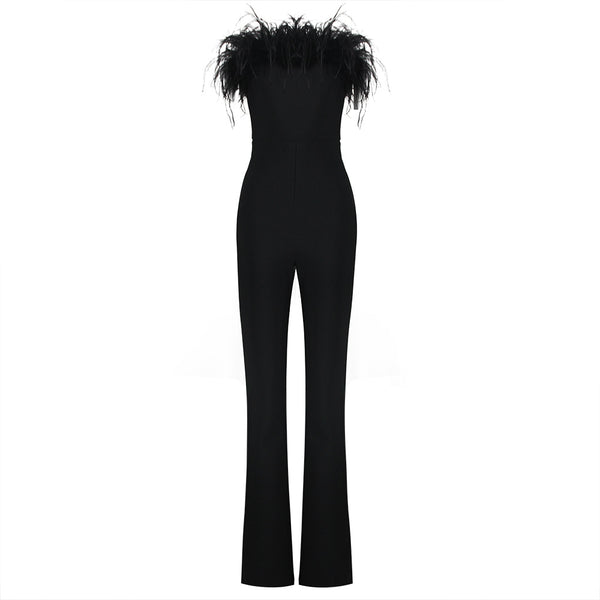Jumpsuit Elegante con Tubo y Detalles de Plumas - Diseño Bandage Ajustado