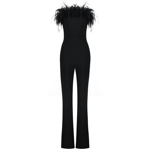 Jumpsuit Elegante con Tubo y Detalles de Plumas - Diseño Bandage Ajustado - Image 2