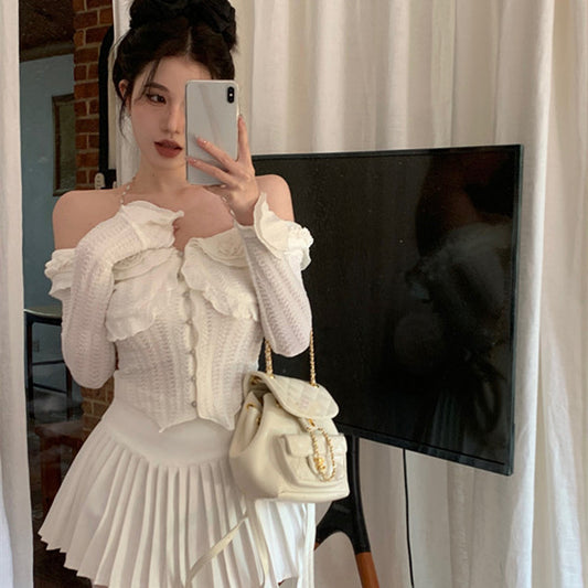 Blusa Blanca de Manga Larga Hombro Descubierto para Mujer