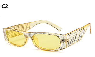 Yellow rectangular sunglasses with clear rhinestone-studded frames and matching yellow lenses. - Image 10