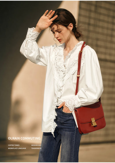 Blusa Blanca de Encaje Estilo Francés con Manga Larga para Mujer - Image 7