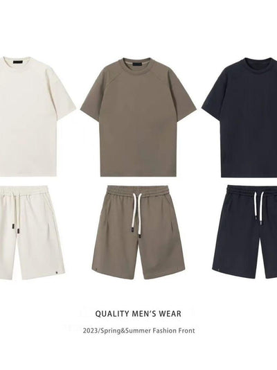Khaki men's short-sleeved t-shirt and matching shorts set, featuring a loose fit and white drawstring. - Image 11