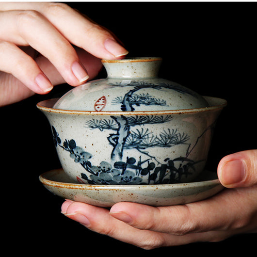 Tazón Vintage Sancai con Tapa - Porcelana Azul y Blanco Pintada a Mano
