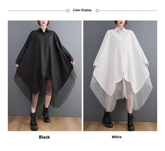 Vestido Camisero Holgado de Doble Capa con Malla Irregular - Image 18