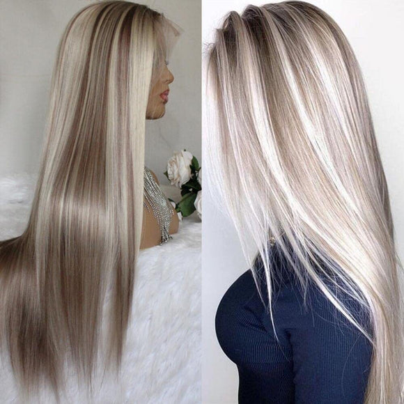 Peluca Frontal de Encaje Cabello Liso Degradado Fibra Térmica
