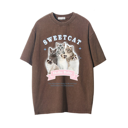 Camiseta Estampado Gatito Efecto Desgastado Manga Corta para Hombre - Image 12