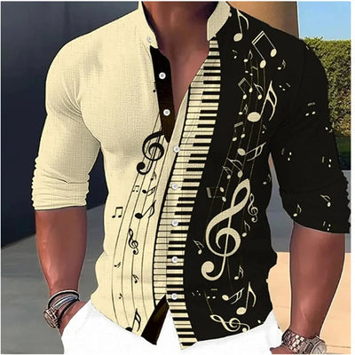Camisa Casual Estampado Musical con Cuello de Pie Manga Larga para Hombre - Image 17