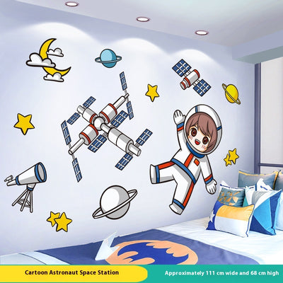Cartoon astronaut and space station wall stickers with planets, stars, moon, and telescope on a white wall. - Image 9